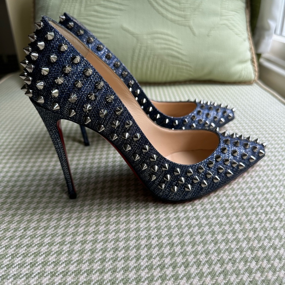 Christian Louboutin Navy/Denim Pigalle 100 Spike Pumps